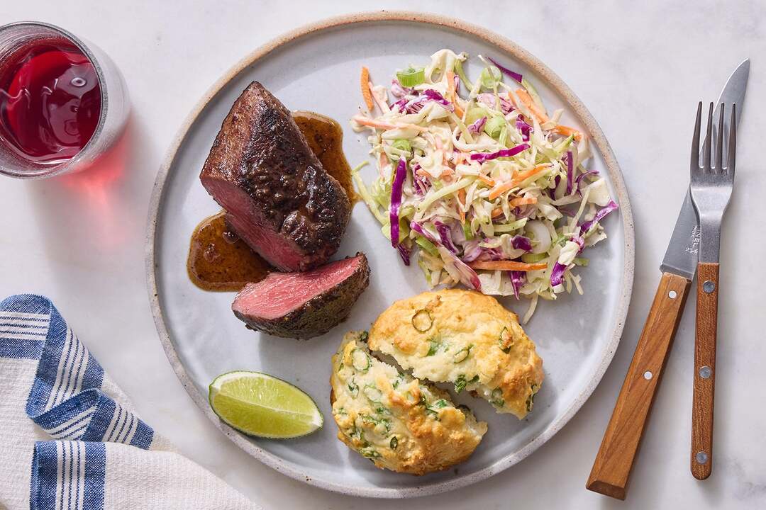 Jerk Steaks & Scallion Biscuits