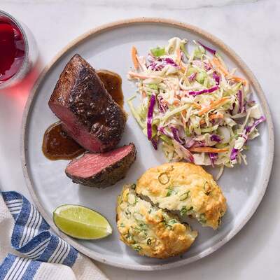 Jerk Steaks & Scallion Biscuits