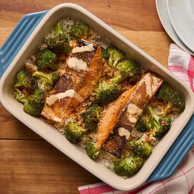 Soy-Glazed Salmon & Rice Bake